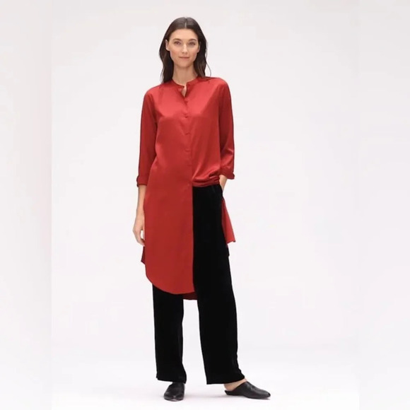 EILEEN FISHER NWOT Recycled Polyester Satin Shirtdress in‎ Serrano - Picture 2 of 10